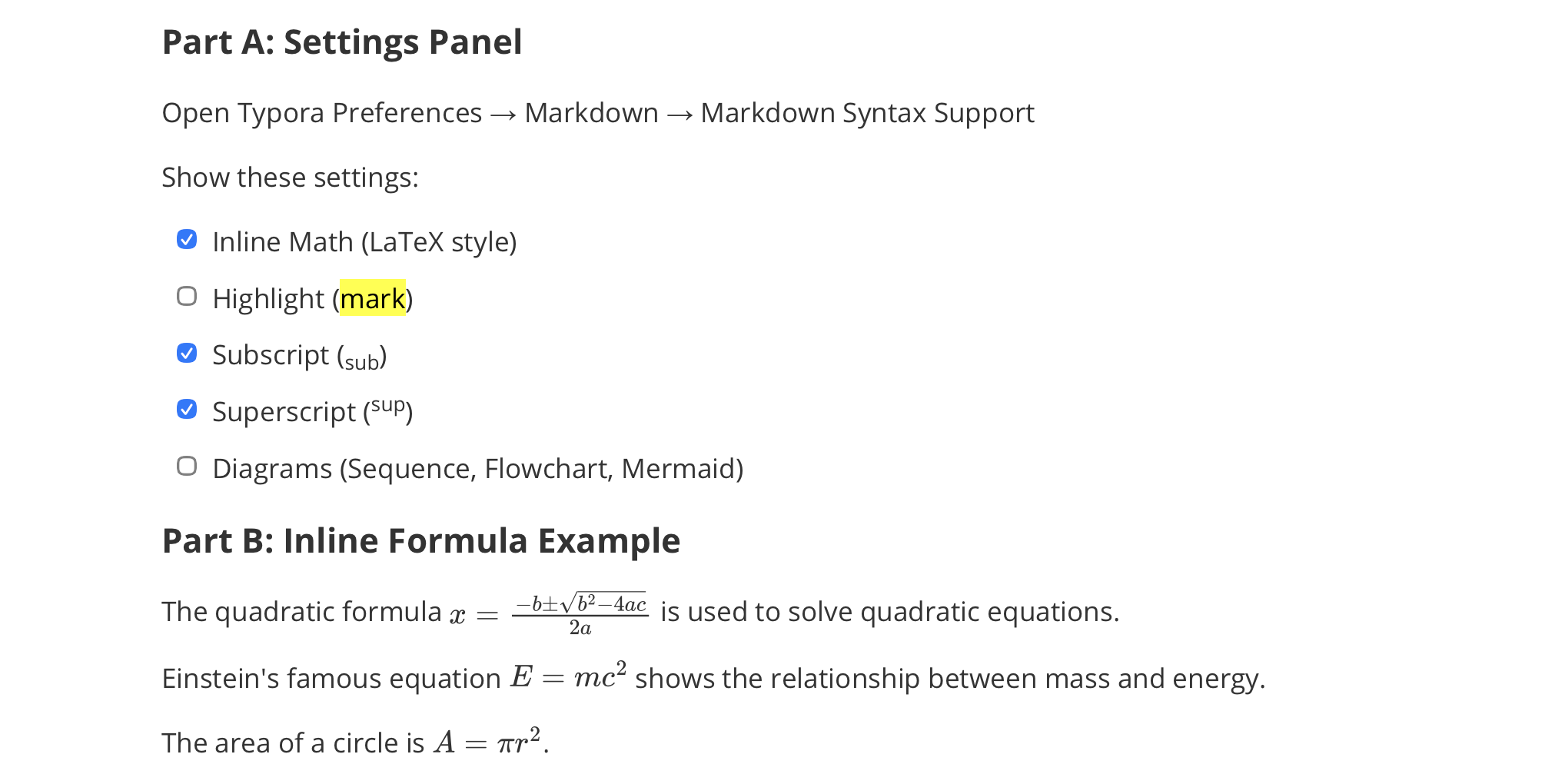 Inline Math Settings and Examples